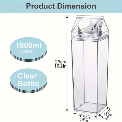 One BPA-Free plastic water bottle in 500ml or 1000ml sizes with a unique carton design. Portable and reusable for juice, tea, or milk. Food-grade, temperature resistant, handwash only.