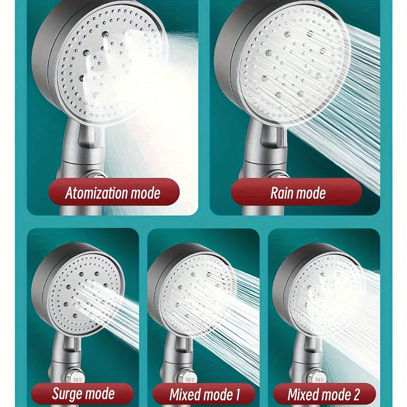 5-mode handheld shower head set with on/off switch and universal connector, suitable for European and American thread standards.