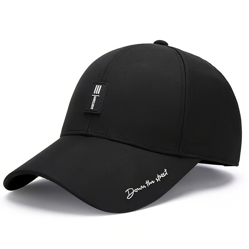 Casual baseball cap with embroidered lettering, made from lightweight, non-stretch fabric. Hand washable and suitable for all seasons.