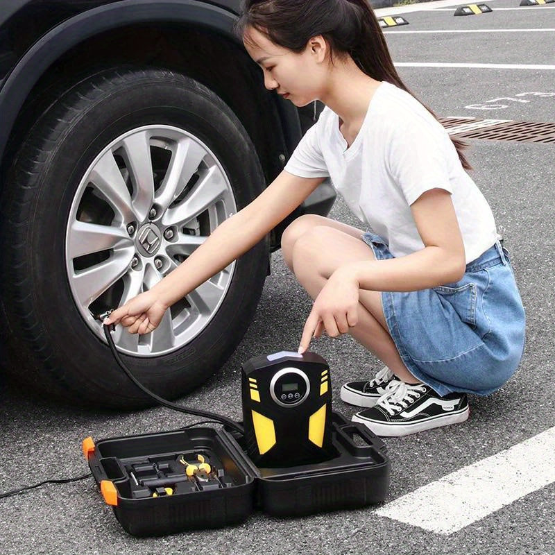 Portable tire inflator with digital gauge, LED light, and safe night use for cars and bikes.