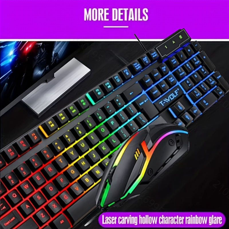 New TF200 gaming keyboard and mouse set with ergonomic design, optical movement detection, cool light effect, mechanical touch suspended key cap, wired, and quick function keys for personal