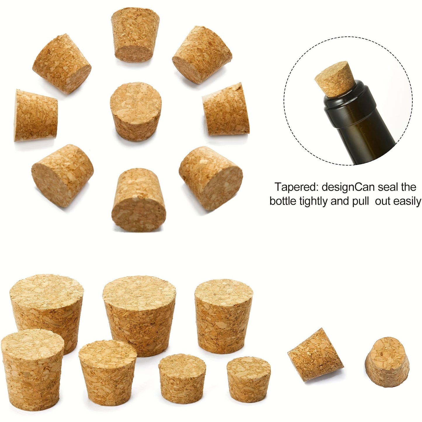 20 wooden tapered cork stoppers for wine and beer bottle crafts, kitchen supplies.