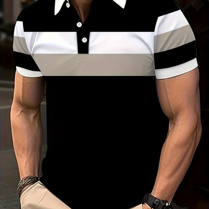 Men's casual oversized short sleeve polo shirt with fashionable patchwork lines design, made of 95% polyester and 5% spandex for a slight stretch, regular fit, suitable for all seasons, and