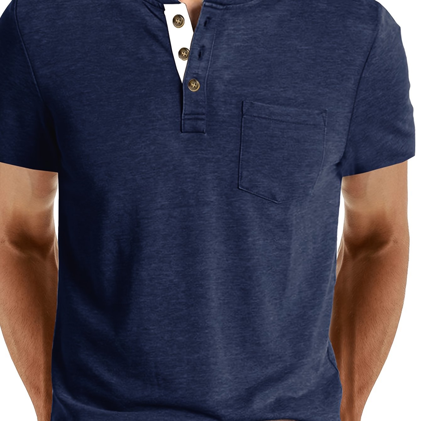 Men's Classic Blue Henley Shirt with Comfortable Fit, Casual Short Sleeve, Chest Pocket, Round Neck, Machine Washable - Ideal for Casual Attire.