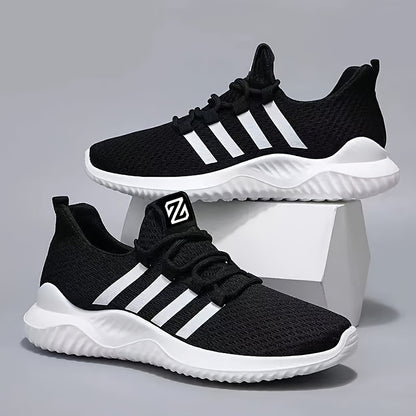 Unisex Striped Lace-up Sneakers with Breathable Fabric Upper and PVC Sole, designed for Casual Sports Style. Suitable for Men and Women with Normal Pronation, All-Season Lightweight Running