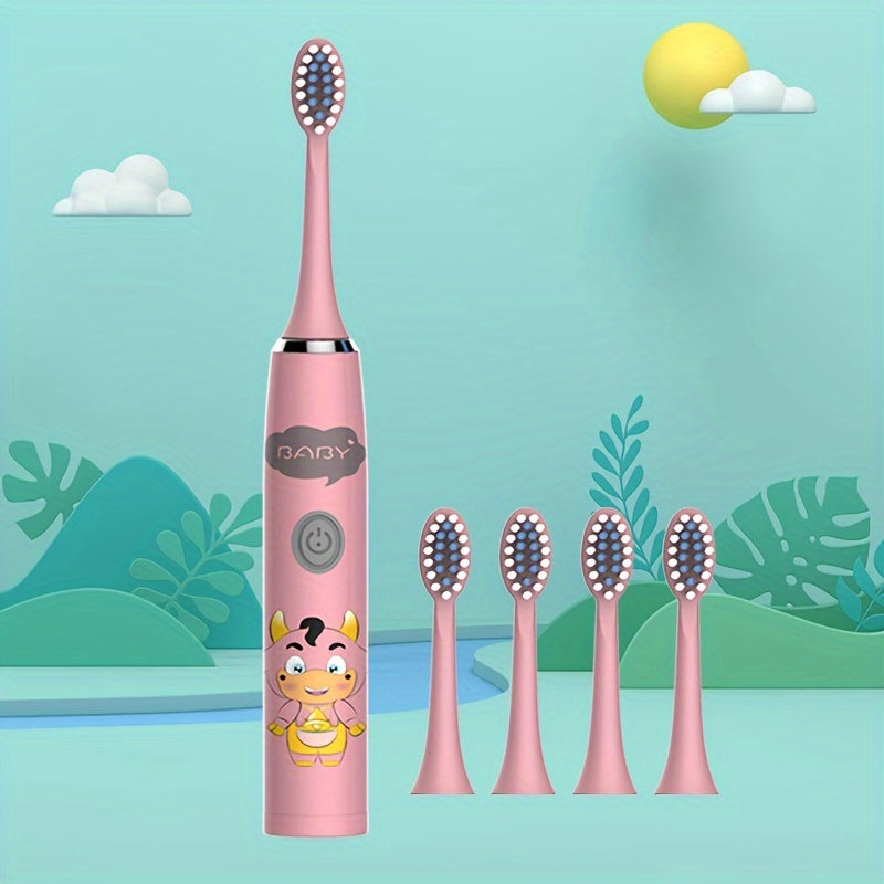 Cartoon Space Series Electric Toothbrush with 5 brush heads, battery powered, soft bristle, 2-minute timer, deep clean, cavity protection, perfect birthday gift.