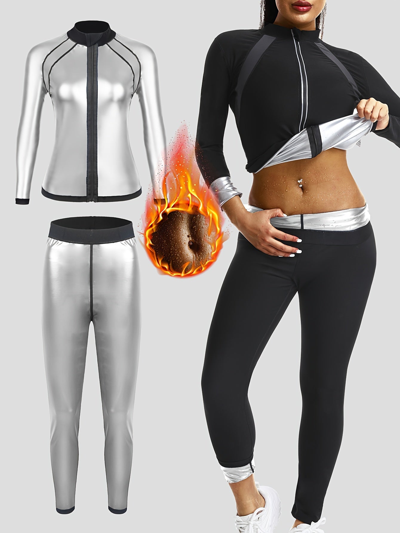 Women's fitness long sleeve pants suit for sauna sports, European and American design. Perfect for yoga and fitness, includes jacket and shorts.