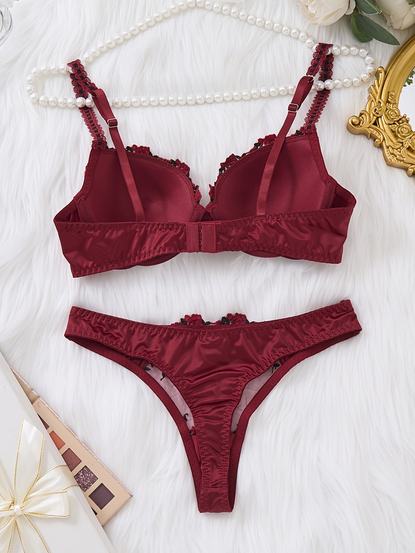 Valentine's Day lingerie set with floral embroidery, push-up bra and triangle panties.