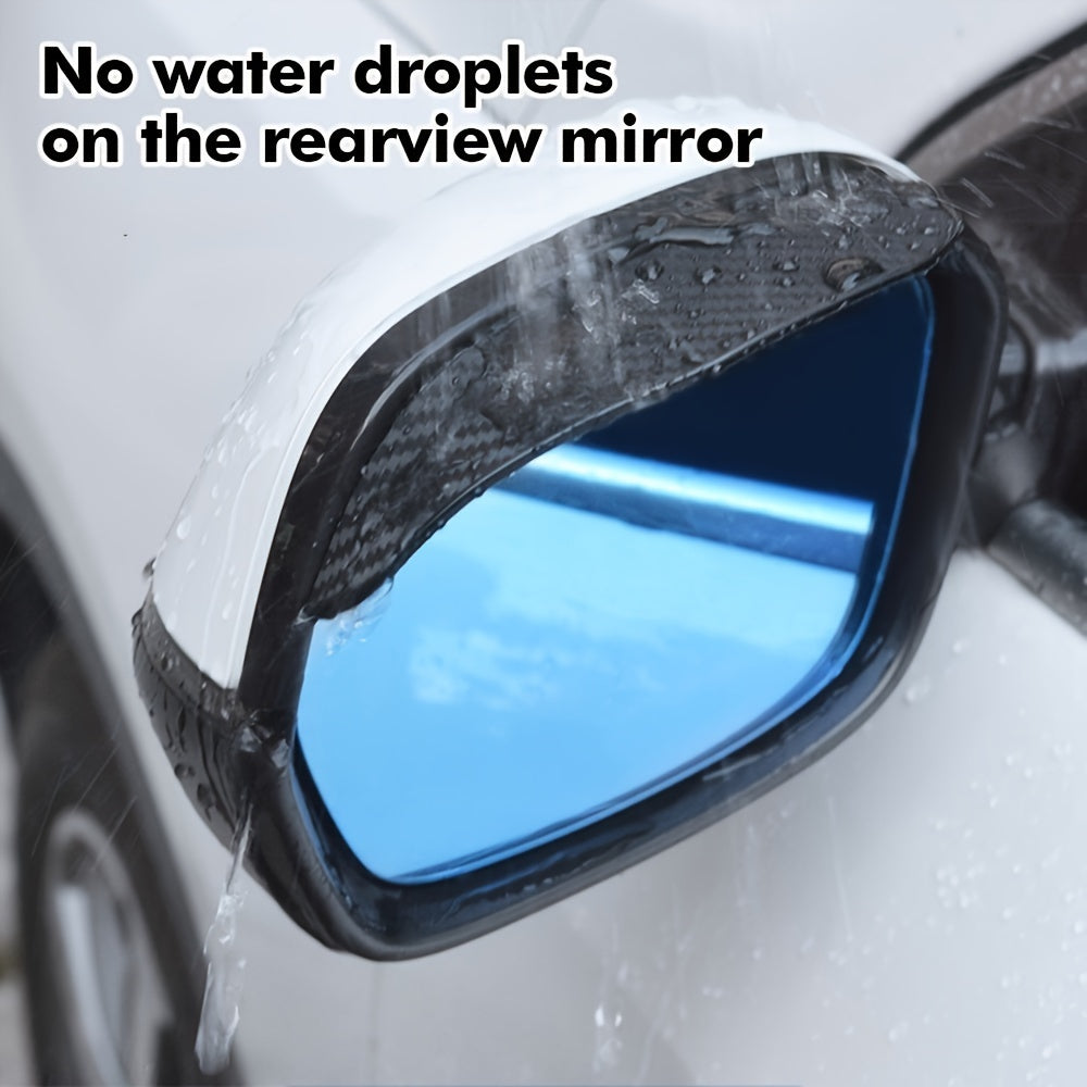 Universal car side mirror rain visors in a 2-pack with PVC carbon fiber pattern for glare protection, suitable for most vehicles, trucks, and SUVs.