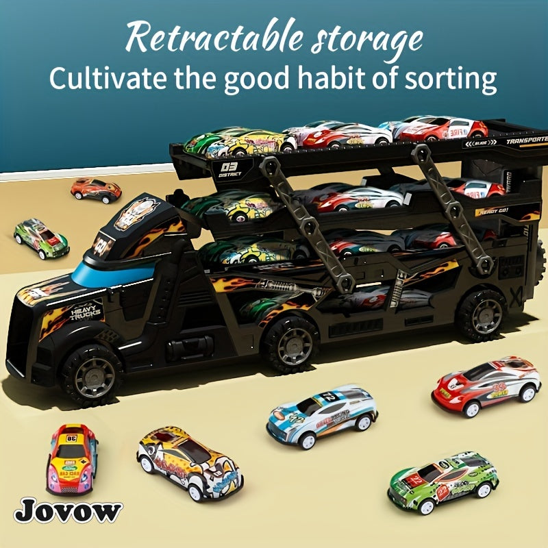 Jovow Transforming Police Toy Car includes 8 mini cars, retractable design, black with blue flames and racing car graphics. Perfect gift for boys and girls for imaginative play.