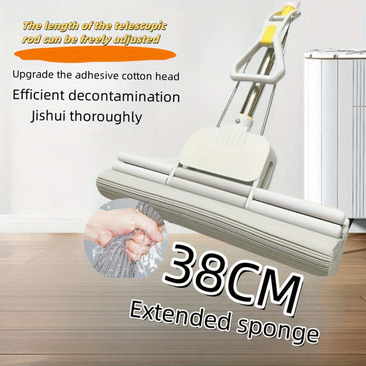 Stainless Steel Sponge Mop with Extendable Telescopic Handle and Easy Squeeze Roller for Efficient Cleaning in Home and School Settings. Perfect for Living Room, Bedroom, Bathroom, Toilet, Kitchen, and Wall Cleaning, with Lazy Washing Feature.