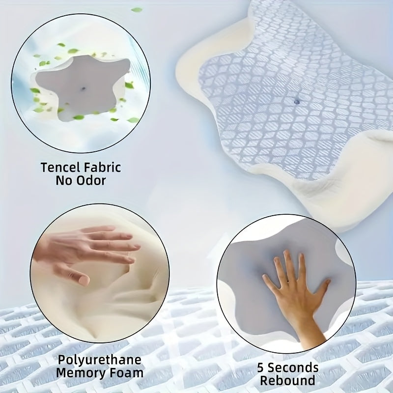 Memory foam Butterfly pillow providing ergonomic cervical spine support for back and side sleepers, with slow rebound and machine washable pillowcase.