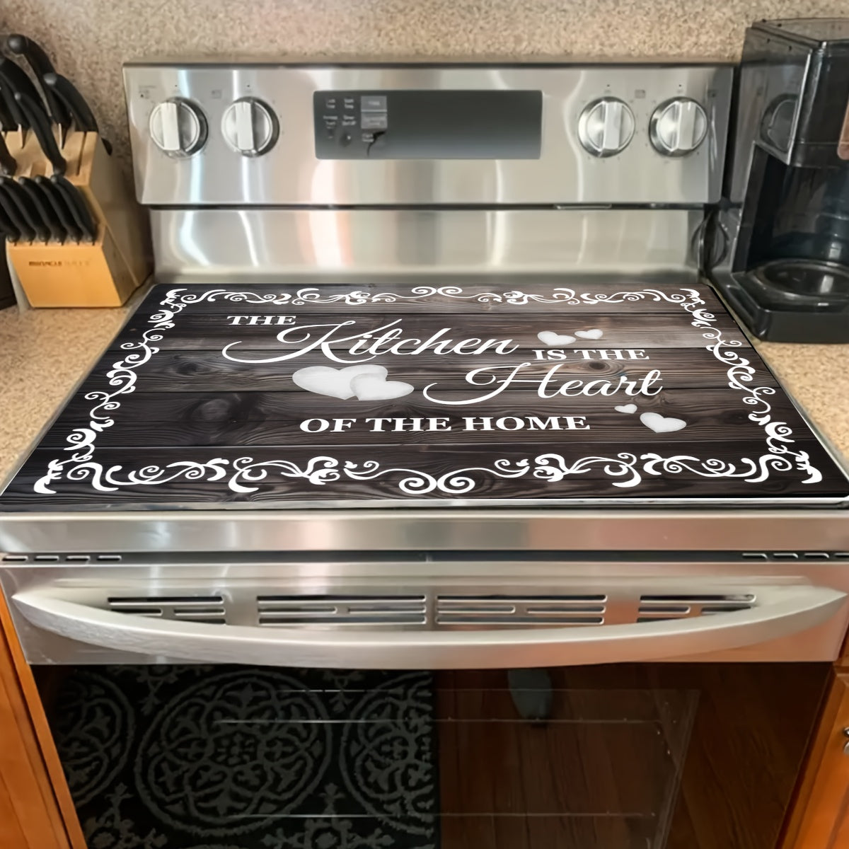 Transform your kitchen  with the "The Kitchen is the Heart of the Home" Diatom Mud Electric Glass Stove Top Cover. This versatile kitchen mat measures 72.39x52.07cm and features an anti-scratch rubber protective pad, making it ideal for use on ceramic