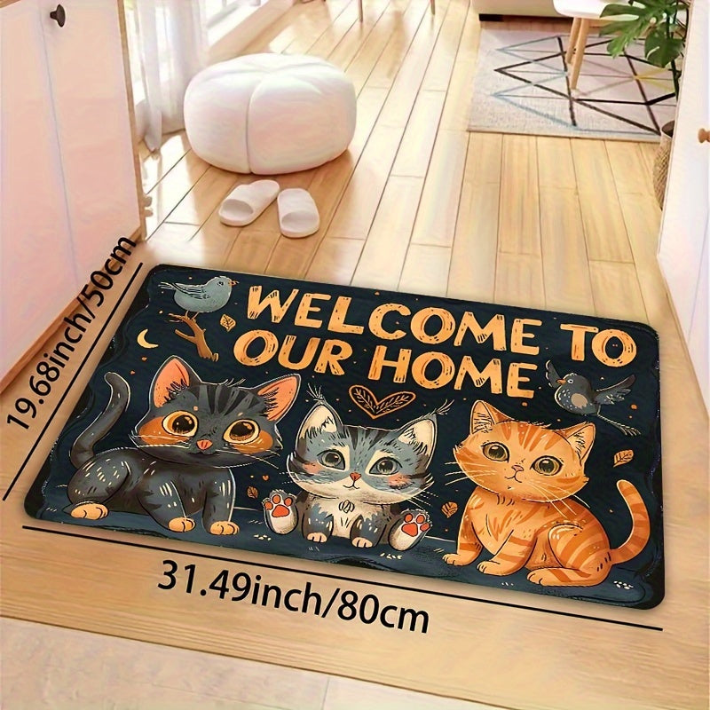 Add a Touch of Adorableness to Your Home with this Cute Cats "Welcome to Our Home" Doormat - Easy to Clean Machine Washable Polyester Non-Slip Rug Perfect for Any Room in Your House or Outdoor Area - Stylish and Functional Mat to Keep Your Space Clean