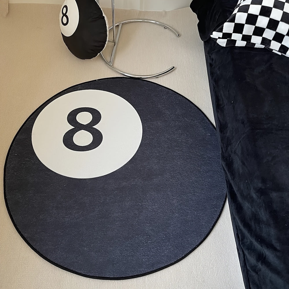 Machine washable floor mat with an anti-skid backing, featuring a stylish billiards pattern in black. Suitable for bedroom, living room, leisure area or bedside as a decorative carpet.