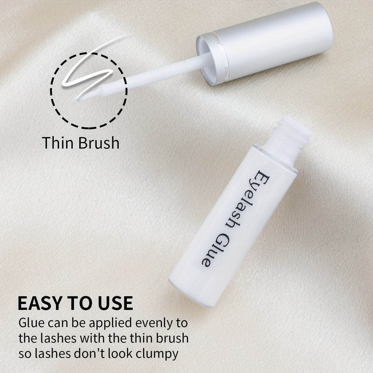 Unscented waterproof eyelash glue for strong hold, compatible with plastic false lashes, long-lasting formula up to 24 hours, sweatproof in ≤100ml bottle.