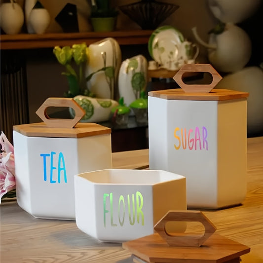 Set of 4 brown cup stickers for labeling sugar, coffee, tea, and powder in the kitchen. Made of vinyl decals for walls.