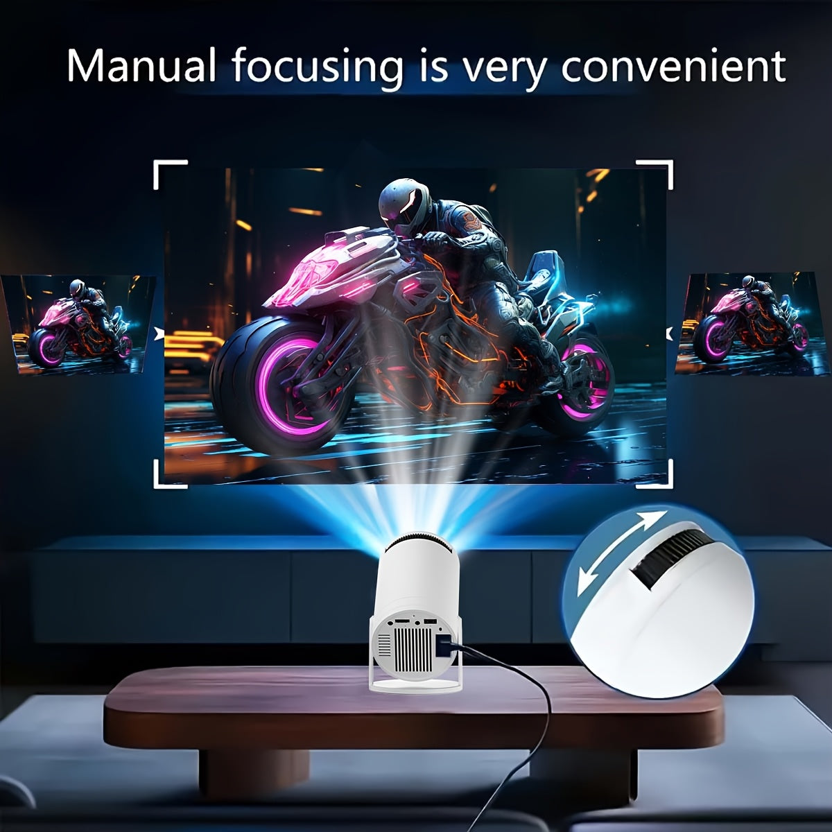 XYA Portable Projector S100 with 720P HD resolution, 120 ANSI Lumens, BT5.0 WiFi, Android 12, 16:9 Aspect Ratio, and Smartphone/Tablet Connectivity. Includes Table Mount, Remote Control