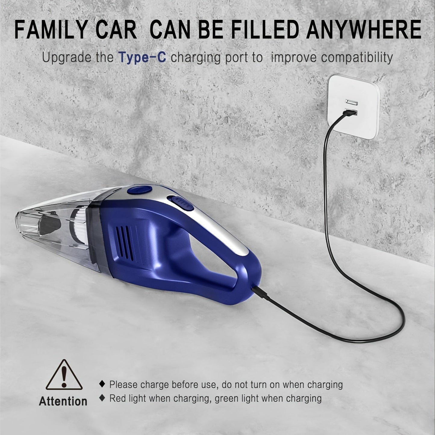 Compact Vacuum Cleaner Perfect for Home and Car Use, Featuring Powerful Suction, Rechargeable via USB, Includes Multiple Attachments for Versatile Cleaning Needs, Ideal for Car, Home, Office, and More.