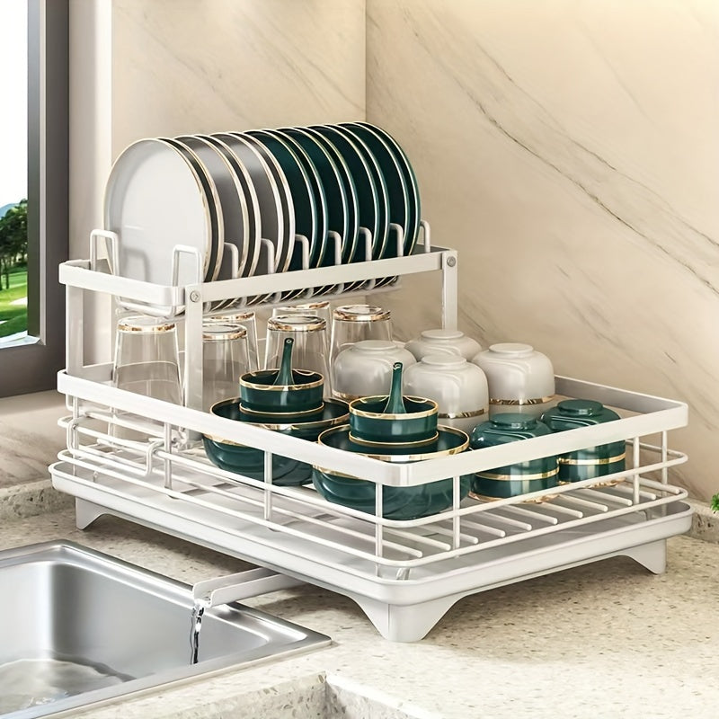 Compact double layer dish rack with drain board - high capacity, stackable & easy to clean, with cup and cutlery holder - ideal for kitchen organization.