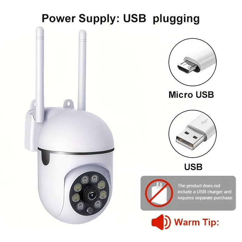 HD Smart WiFi Security Camera features 1080P resolution, Auto-Tracking, Night Vision, and Human/Pet Detection with Motion Alerts. This camera can be used indoors or outdoors, is USB powered, and compatible with smartphones. It operates on wireless 2.4GHz