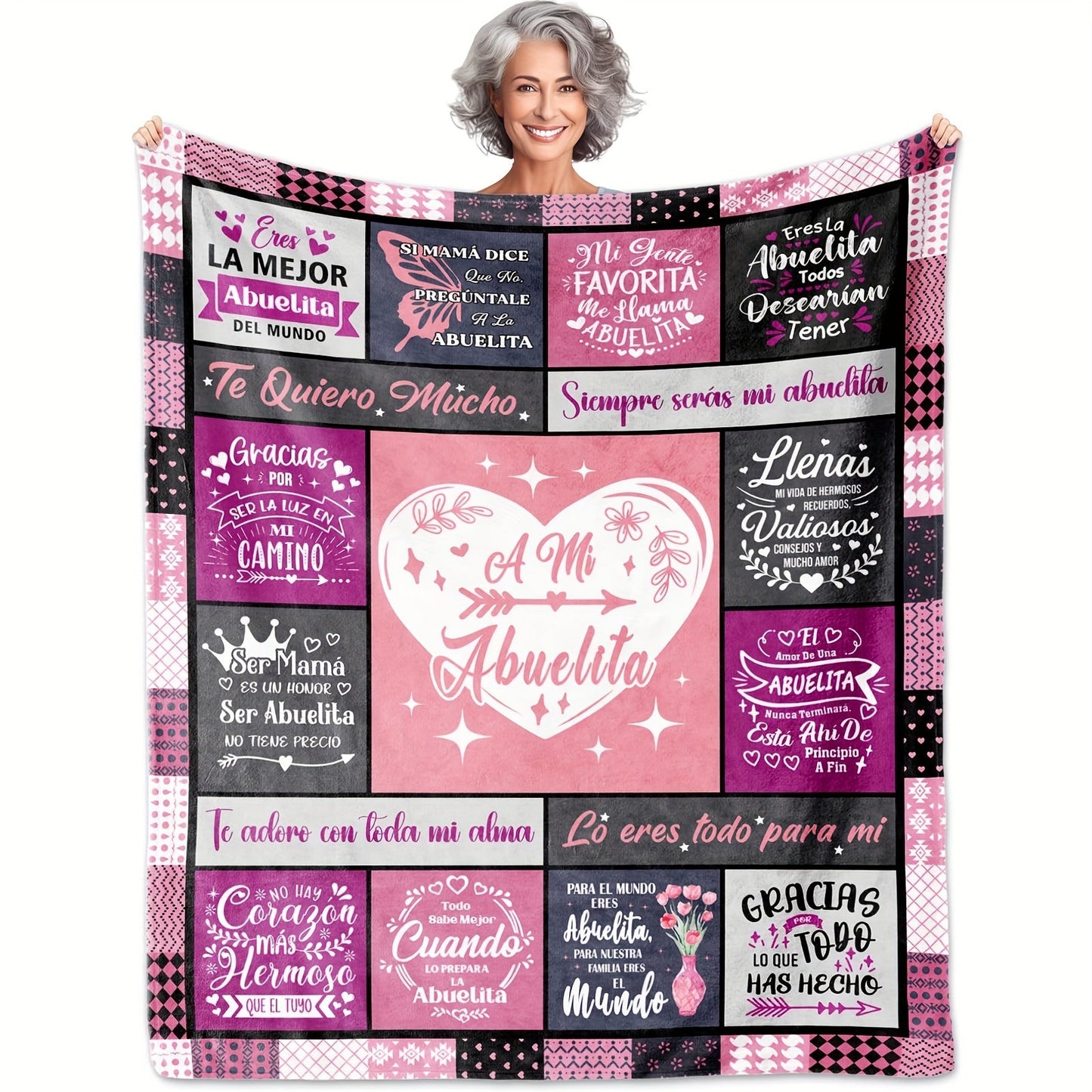 Contemporary Pink Flannel Abuelita Throw Blanket - Machine Washable, Digitally Printed Floral Knitted Blanket with Spanish Phrases for Grandma, Suitable for Year-Round Use, Versatile and Stylish Gift for Grandmother's Birthdays and Christmas.