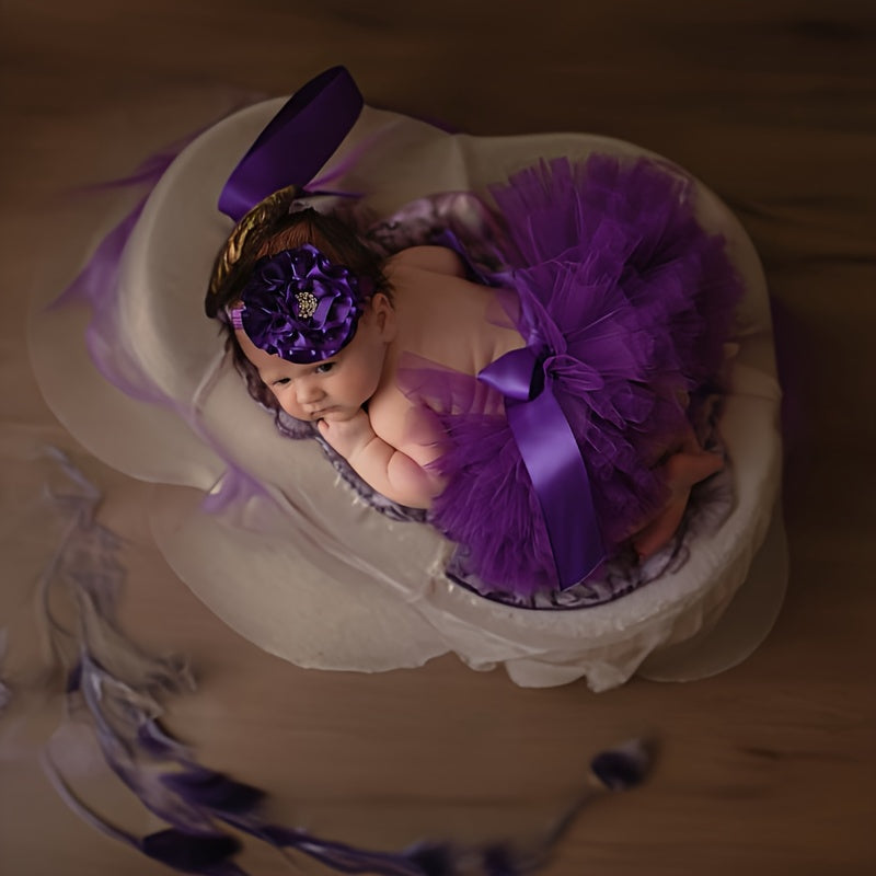 Baby Tutu Set in Purple – Includes Tutu Skirt and Headband made of Polyamide Tulle for ages 0-3, complete with coordinating Flower Headpiece. Perfect for Baby Photo Shoots, Ballet Performances, or as a Birthday and Special Occasion Costume.