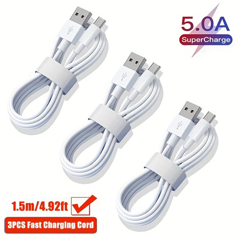 1pc/3pcs/5pcs 5A USB-C Fast Charging & Data Cable for various phone brands - Durable cord with power bank compatibility, 66W Max.