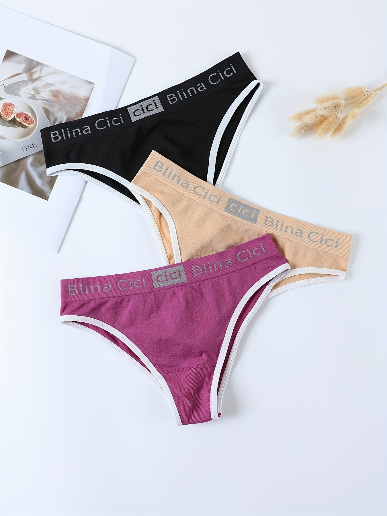 3-piece letter print lingerie set for women, includes a wireless sports bra and elastic panties.