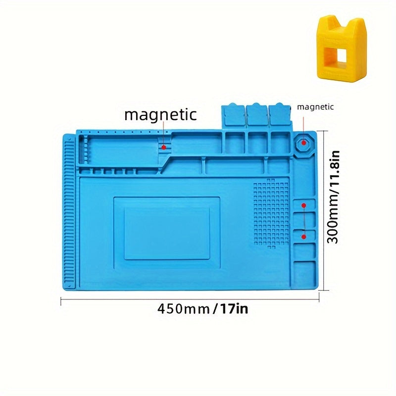 Silicone repair mat with magnetic tools for mobile phone and computer repair. Great for high-temperature heat gun welding. Ideal for digital repair workstations.