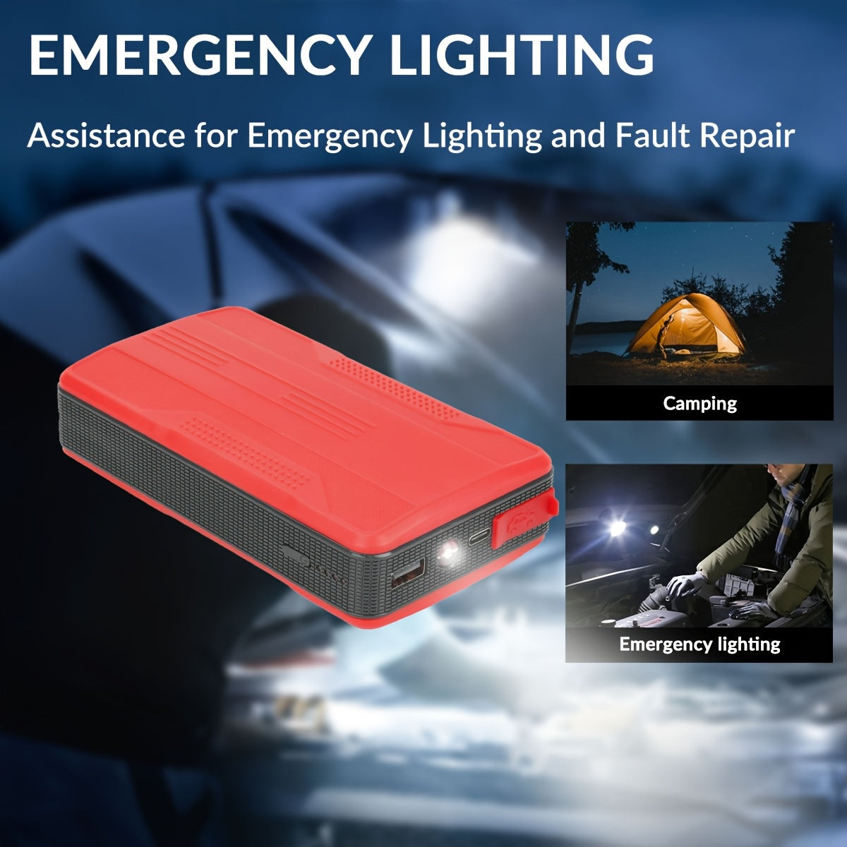 Portable car emergency starter: battery-powered ignition and lighting device.