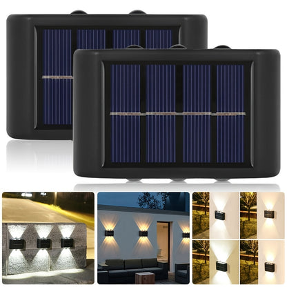 2 solar LED lights for outdoor decoration, easy to install on garden walls.