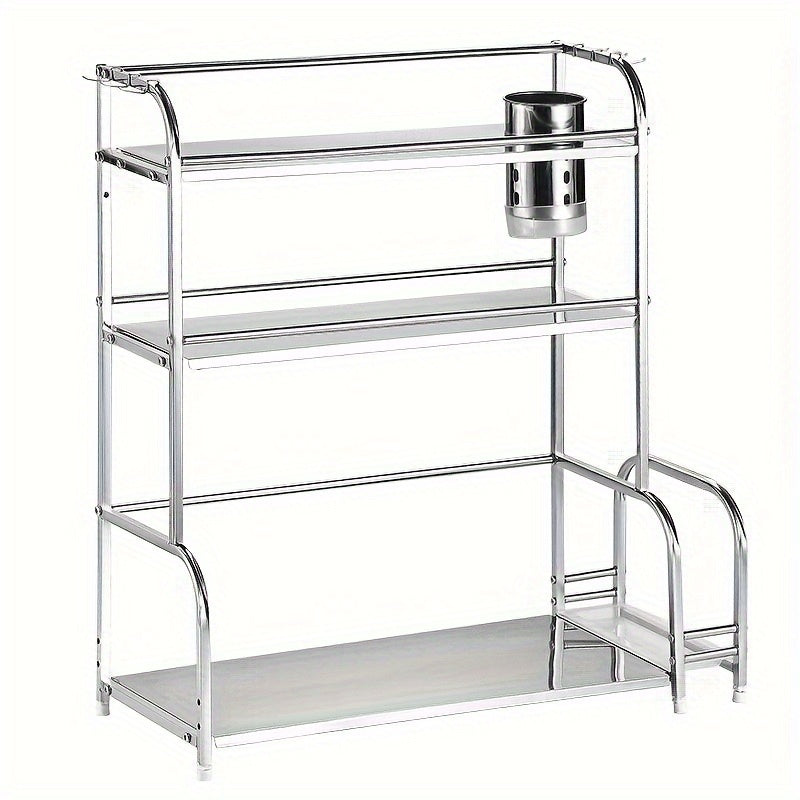 Get organized with this versatile kitchen storage rack! This multi-layer floor-to-ceiling rack is perfect for storing knives, supplies, and seasonings in various styles. Made of stainless steel, it also features a wall-mounted design with six hooks for