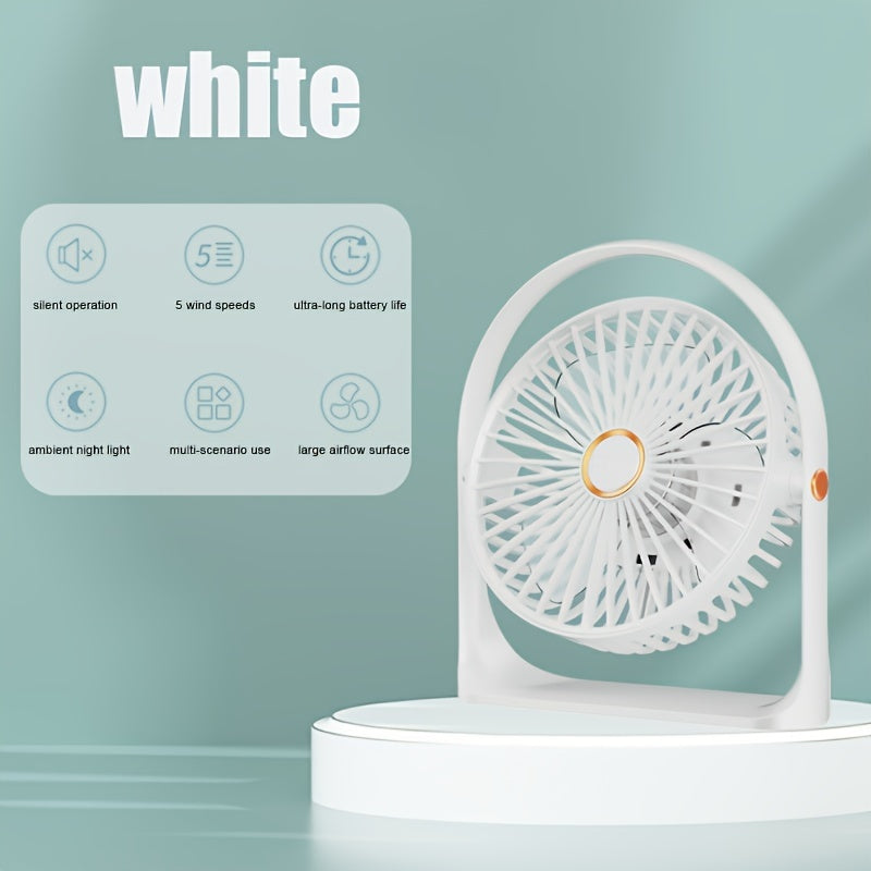 Rechargeable Portable USB Desk Fan with LED Night Light - Features Long-Lasting Battery, 5 Speeds, Quiet Operation - Ideal for Home, Office, Bedroom, Kitchen, Outdoor Camping & Fishing