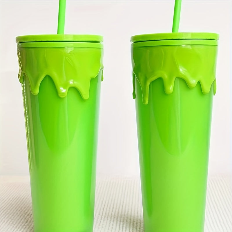 24oz Glow-in-the-Dark Reusable Tumbler with Lid & Straw, Double Wall Insulated BPA-Free Plastic, Vibrant Green for Cold Drinks, Gifts, Travel, and Recyclable.