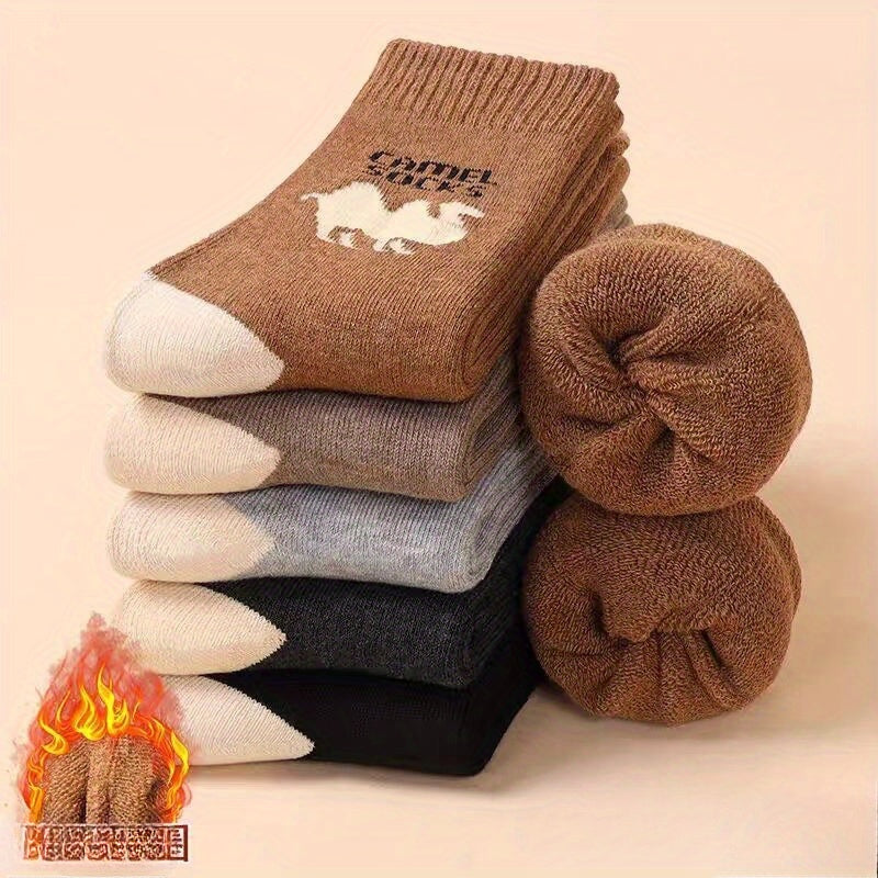 Men's 5-pack winter animal design socks with camel pattern, thick knit polyester material, warm plush terry loop, hand wash only, one size fits all.