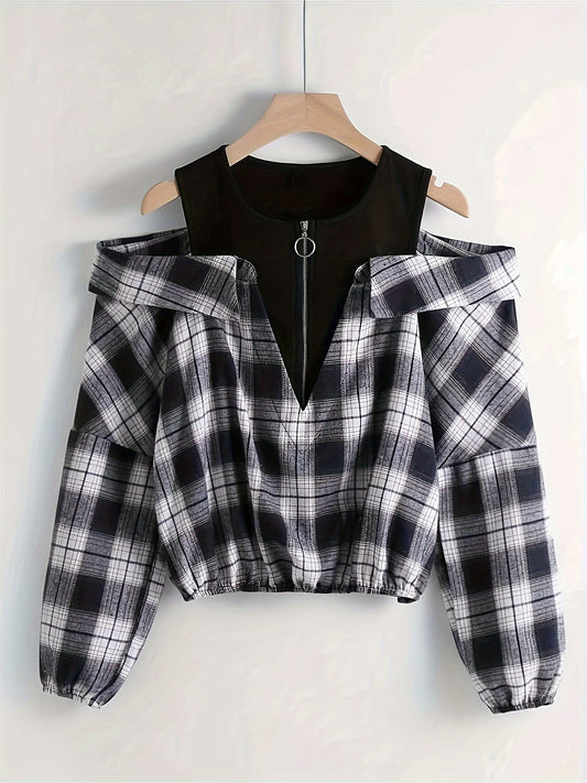 Cold shoulder plaid print blouse with long sleeves and quarter zip, suitable for spring and fall.