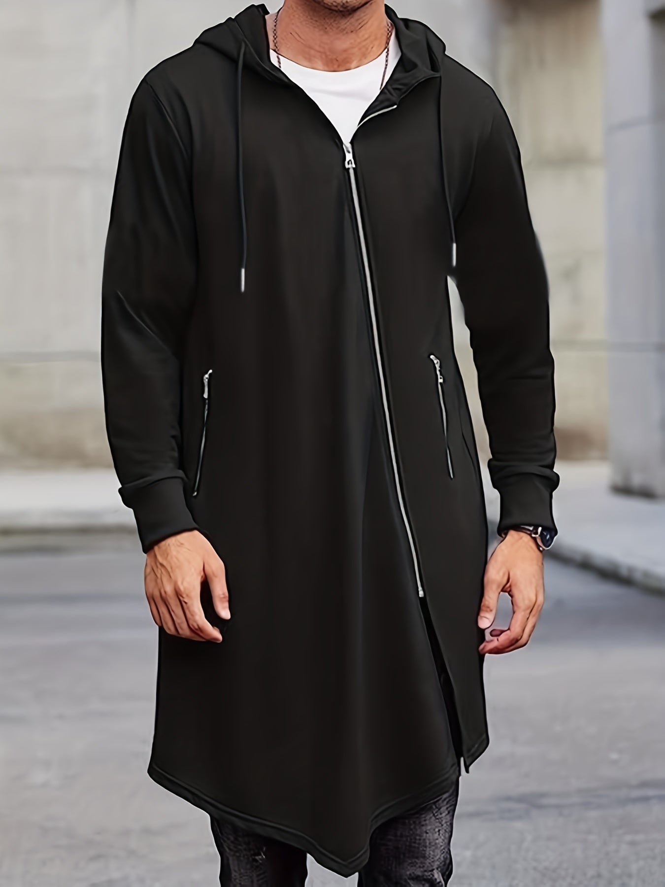 Fall/Winter Asymmetric Hooded Zip Jacket for Plus Size Men.