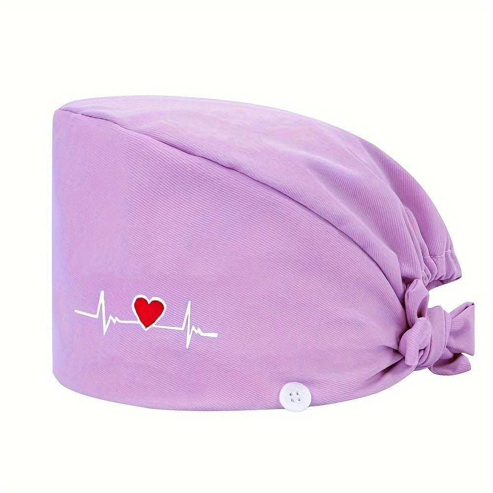 Women's embroidered heart pattern beanie cap made of 100% polyester with breathable, inelastic design. Features sweat-absorbent lining, dust-proof material, and adjustable elastic band.