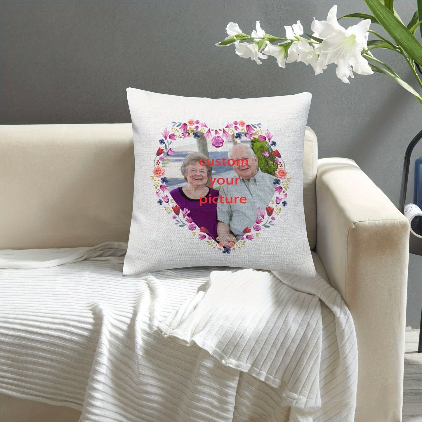 Personalize your space with this custom 45.72x45.72 cm short plush decor pillowcase featuring single-sided printing of a heart flower design. Add your own photo for a personalized touch. Please note that this listing does not include a pillow core.