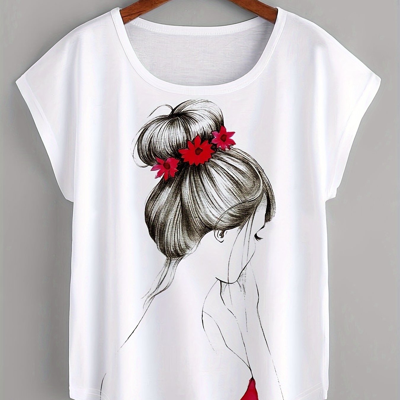 Girl print short sleeve t-shirt for spring & summer, casual crew neck top.