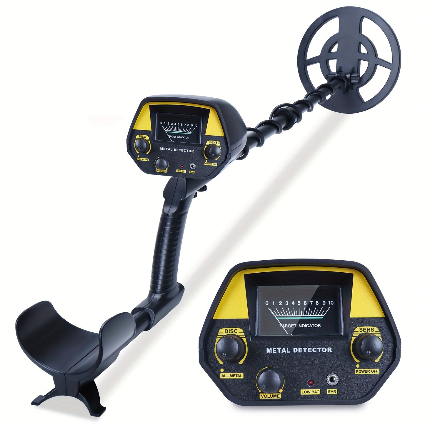 Compact metal detector with high sensitivity and a 20.32cm coil, adjustable power and target identification. Ideal for beach treasure hunting, requires batteries (not included).