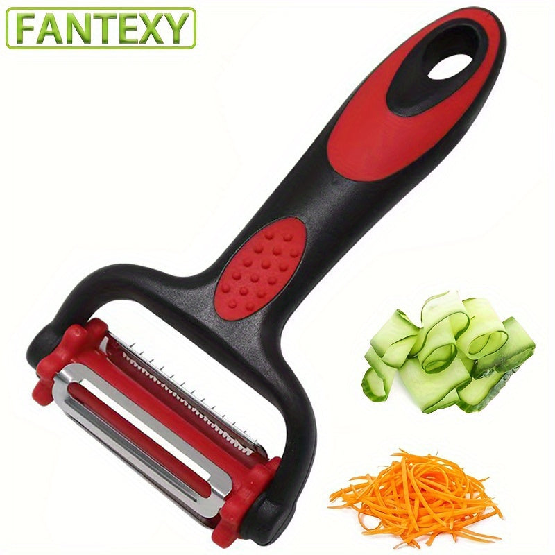 Multi-functional kitchen tool: includes a fruit and vegetable peeler, paring knife, and shredder in one convenient gadget - made from sturdy plastic material.