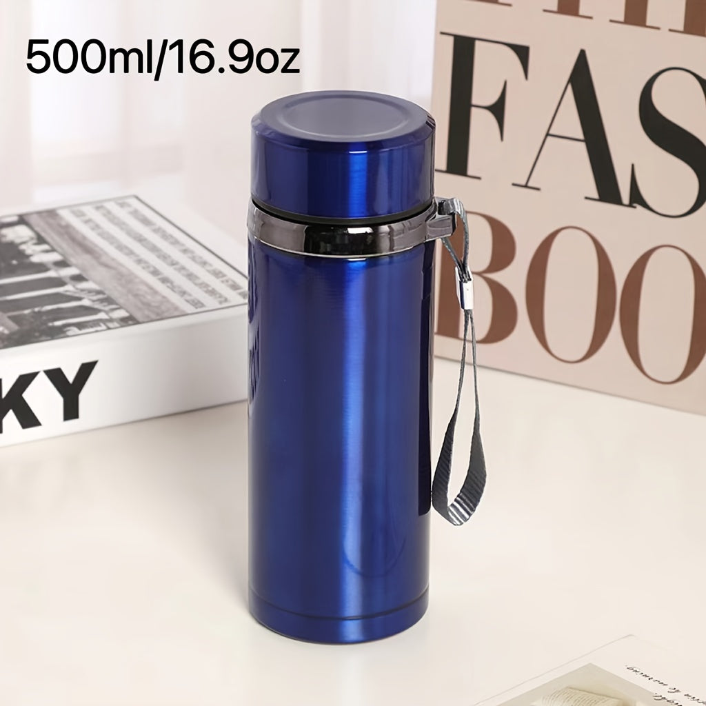 Men's large stainless steel portable travel mug with tea strainer, available for wholesale.