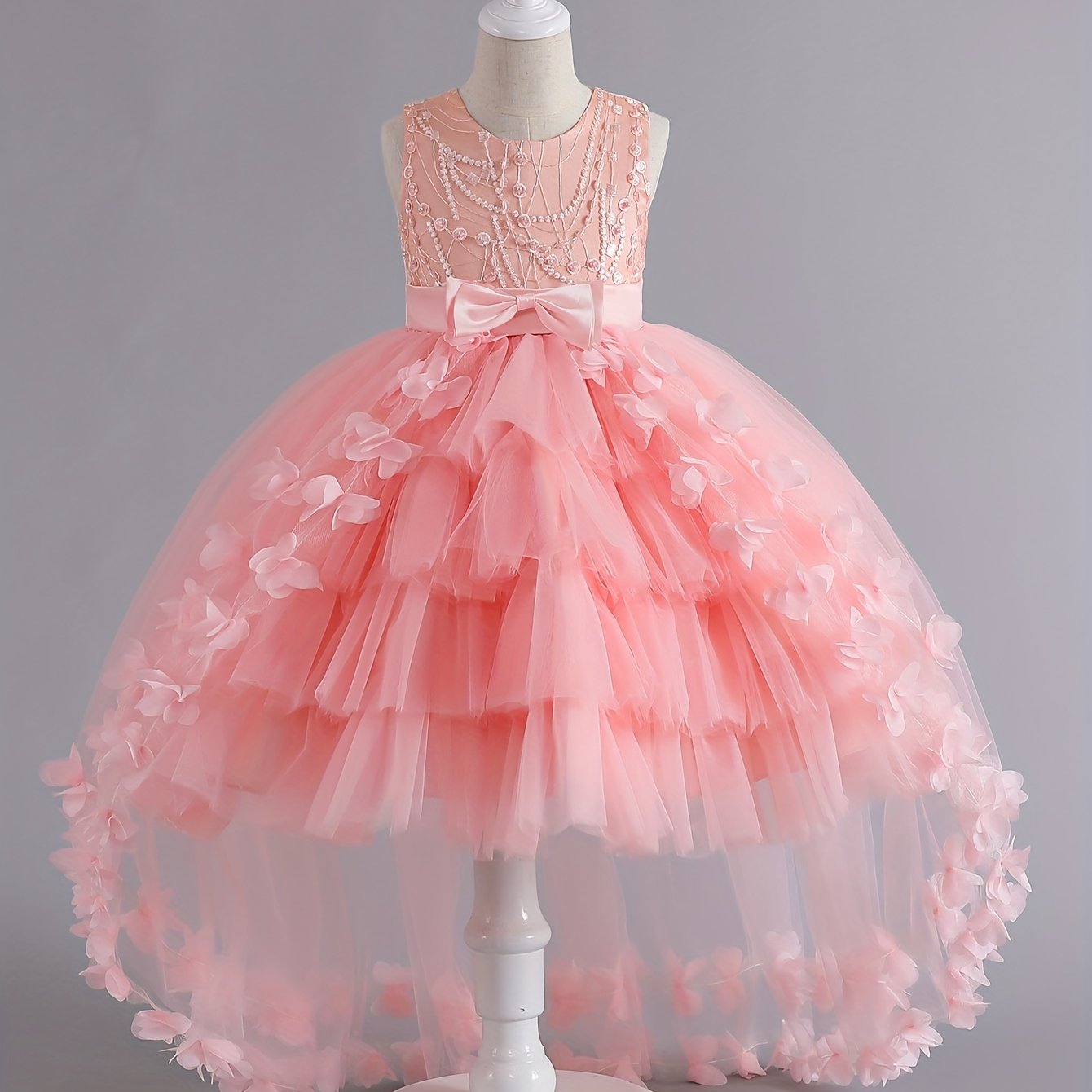 Girls' sleeveless princess gown with floral embroidery and tulle skirt, perfect for pageants, weddings, and formal events. Machine washable, made of polyester.