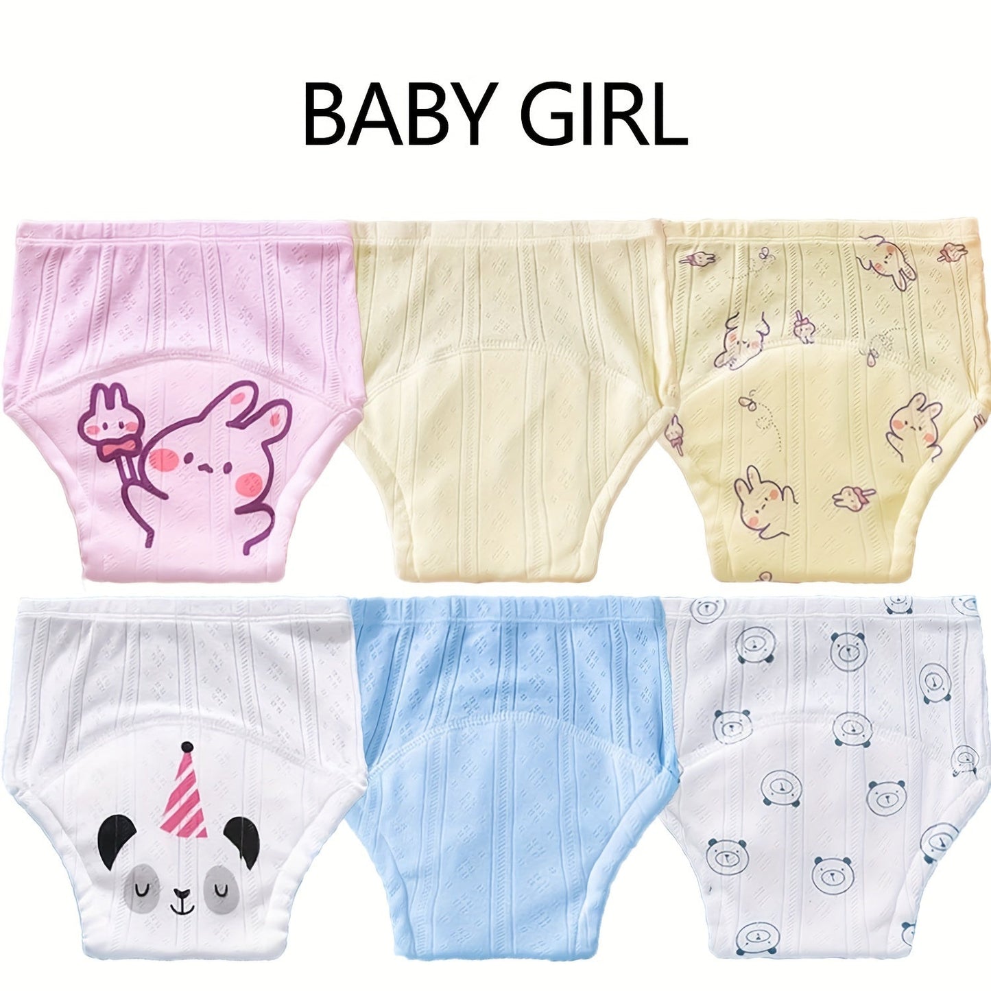 Soft and breathable training pants for girls - Set of 6. Absorbent cloth diapers, ideal holiday present. Comes in White, Pink, and Yellow options.