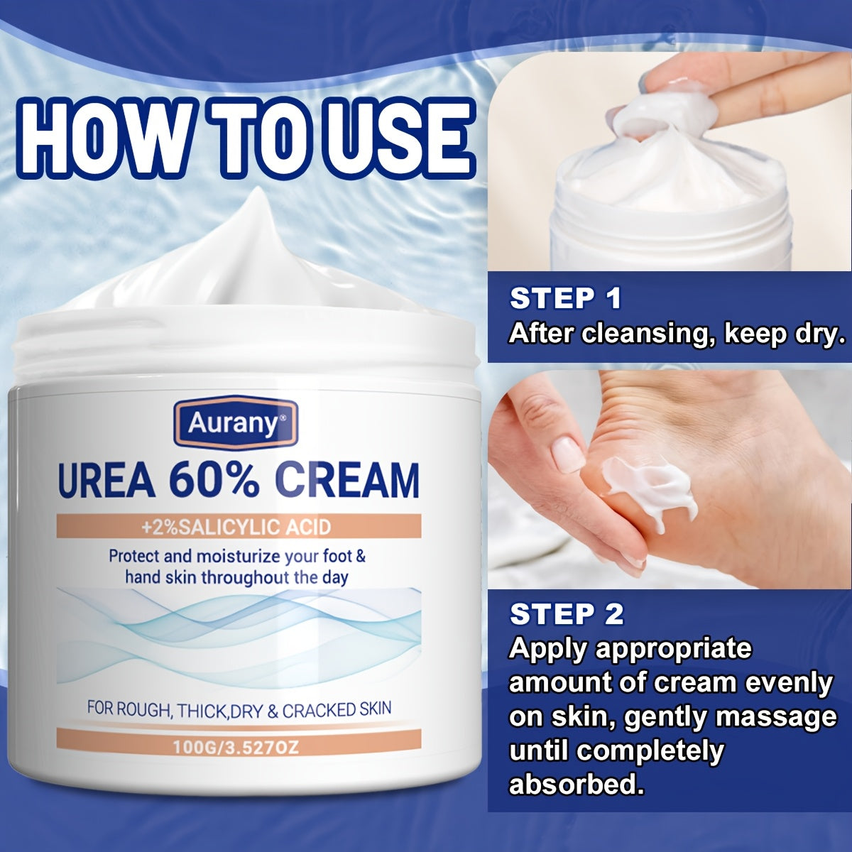 Two pieces of Urea Cream 60% with 2% Salicylic Acid, suitable for dry skin on feet, knees, and elbows. Moisturizes and protects foot skin all day. 100g.