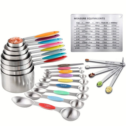 The 23-piece Black Stainless Steel Measuring Cups and Spoons Set includes 8 stackable measuring cups, 8 double-sided magnetic measuring spoons, 1 level, 5 mini spoons, and 1 conversion table. Perfect for measuring both dry and liquid ingredients.