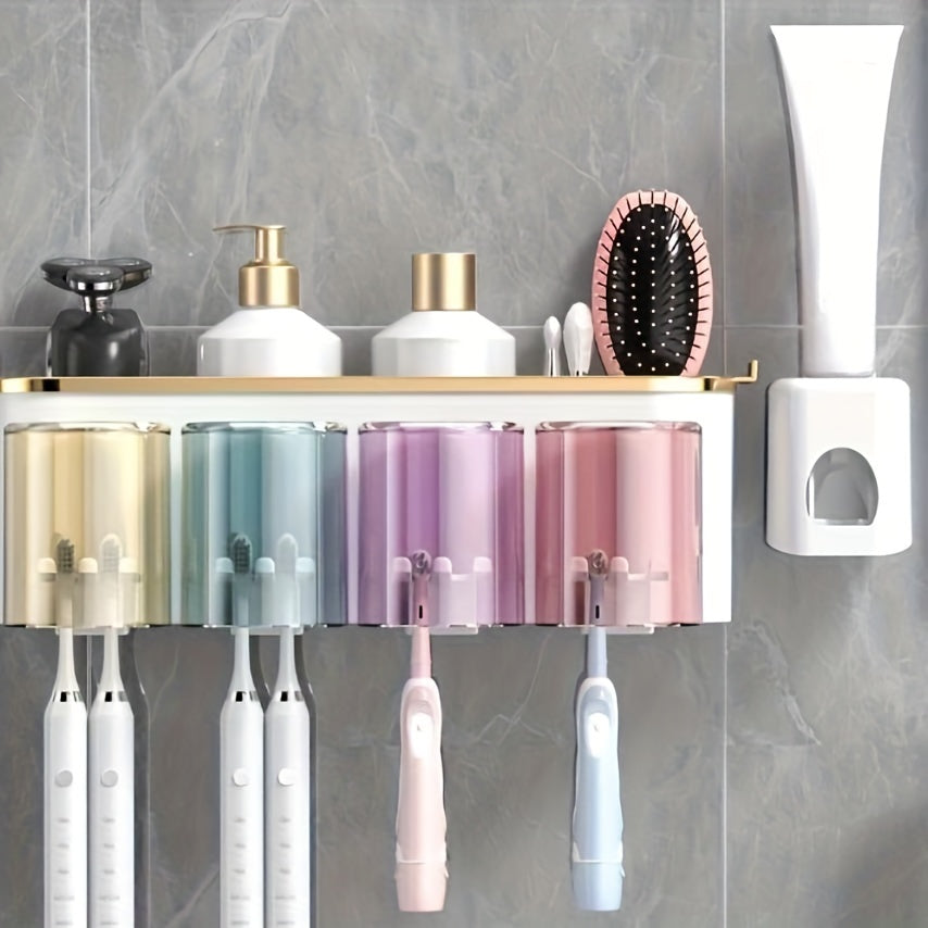 Multifunctional wall-mounted toothbrush and toothpaste holder with squeezer, punch-free design. Clear plastic organizer for electric toothbrushes, includes mouthwash cup storage shelf.