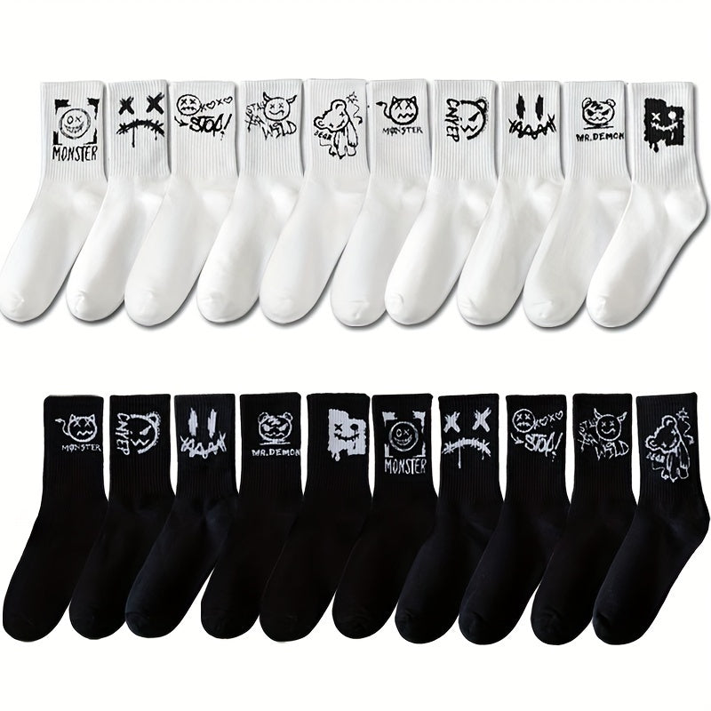 Men's trendy graffiti crew socks, 3/5/8/10 pairs, breathable and comfy for outdoor wear